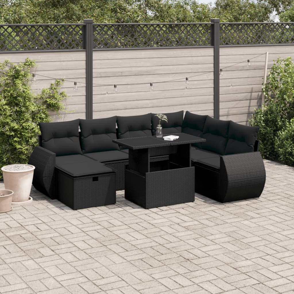 vidaXL Set mobilier de grădină cu perne, 8 piese, negru, poliratan