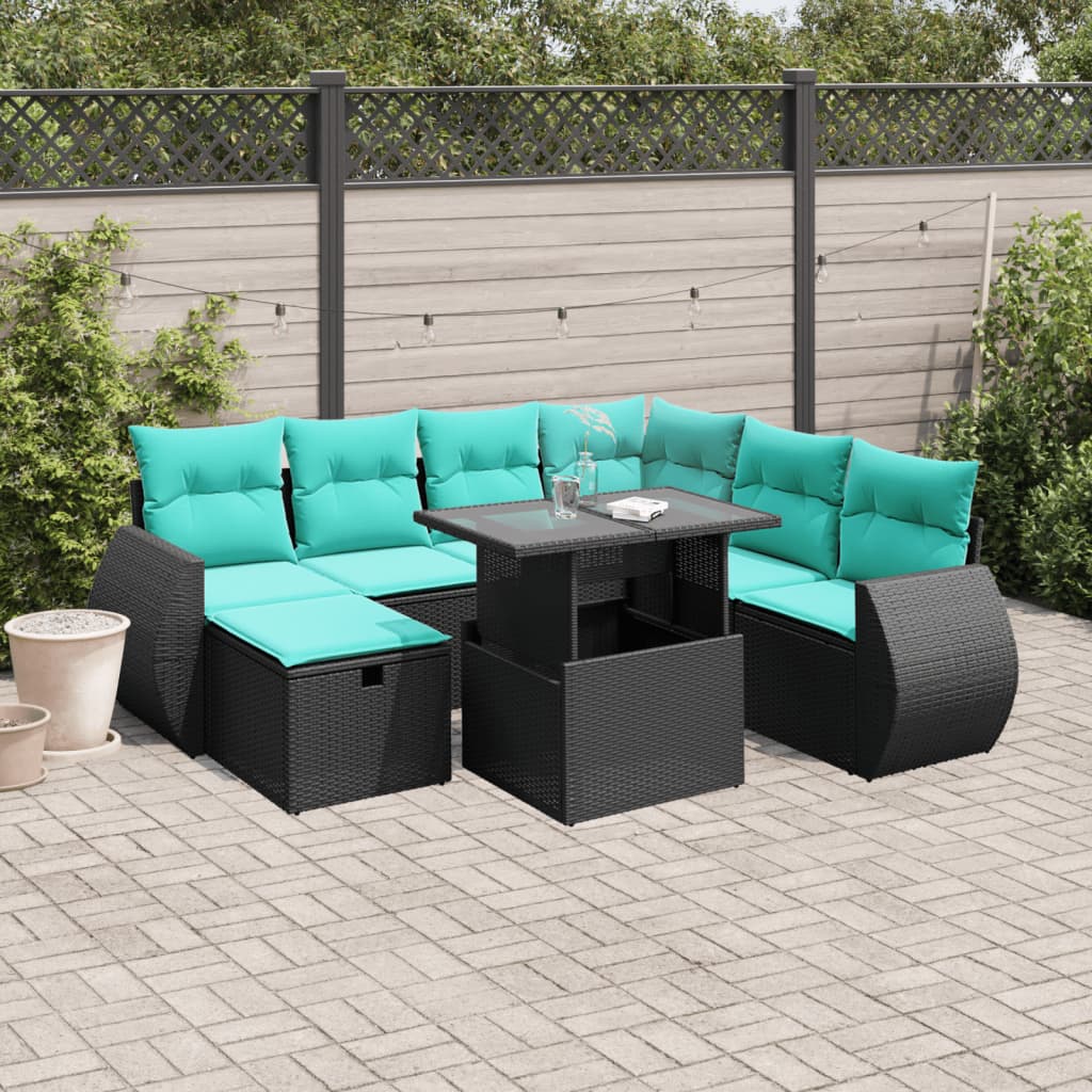 8-delige tuinbankset met kussens, zwart polyrotan – afbeelding 1
