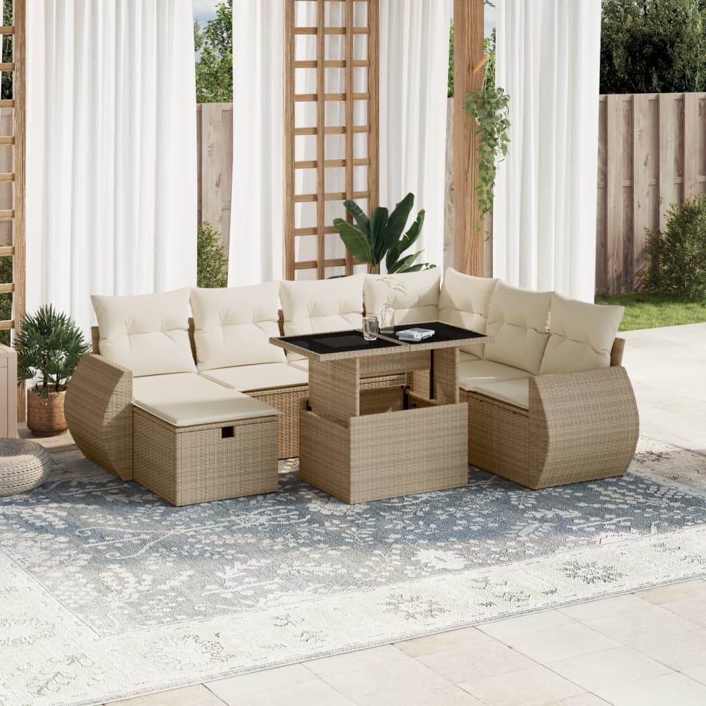 8-tlg. Garten-Sofagarnitur mit Kissen Beige Poly Rattan