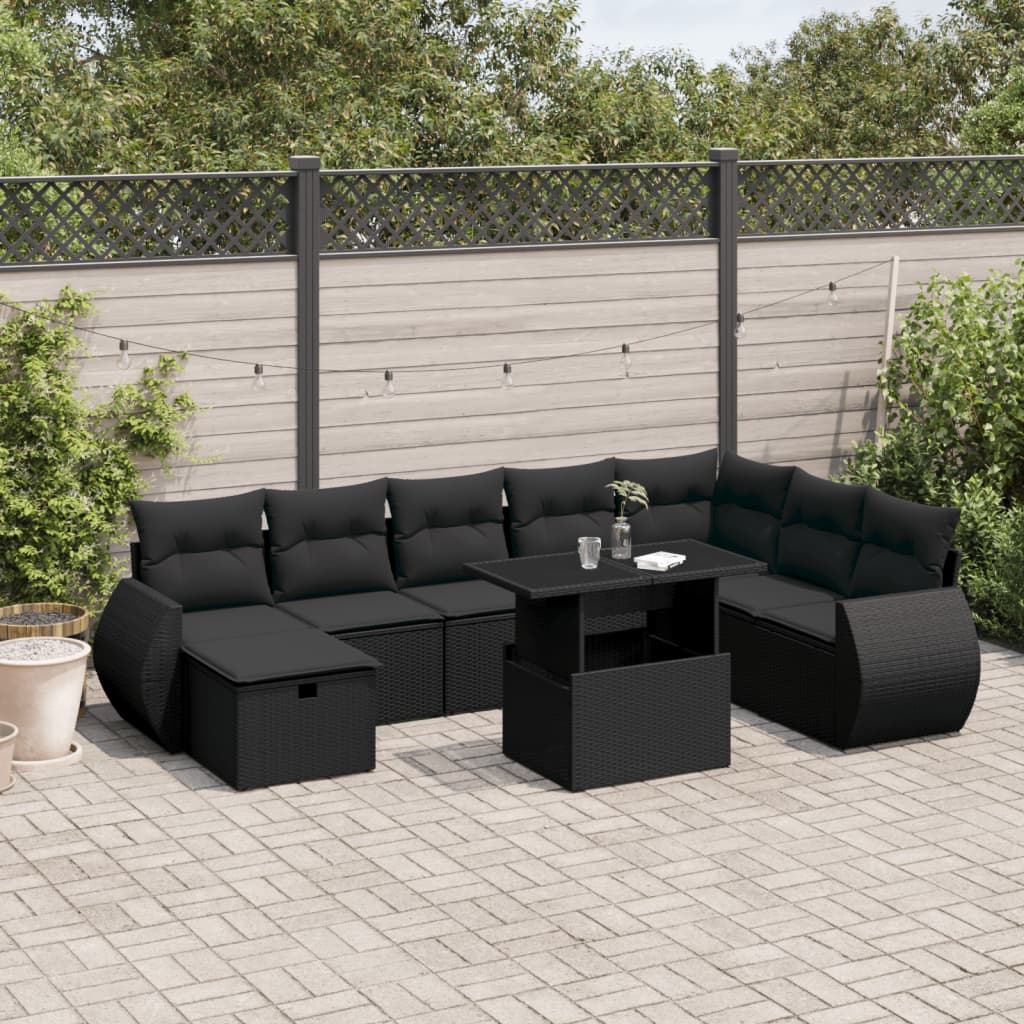 vidaXL 9-tlg. Garten-Sofagarnitur mit Kissen Schwarz Poly Rattan