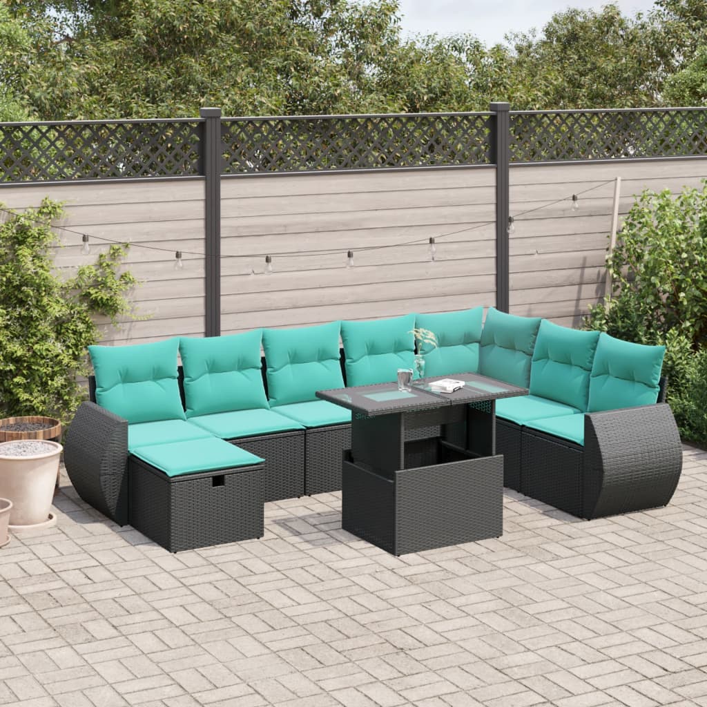 vidaXL 9-teiliges Gartensofa-Set mit Kissen, schwarzes Polyrattan