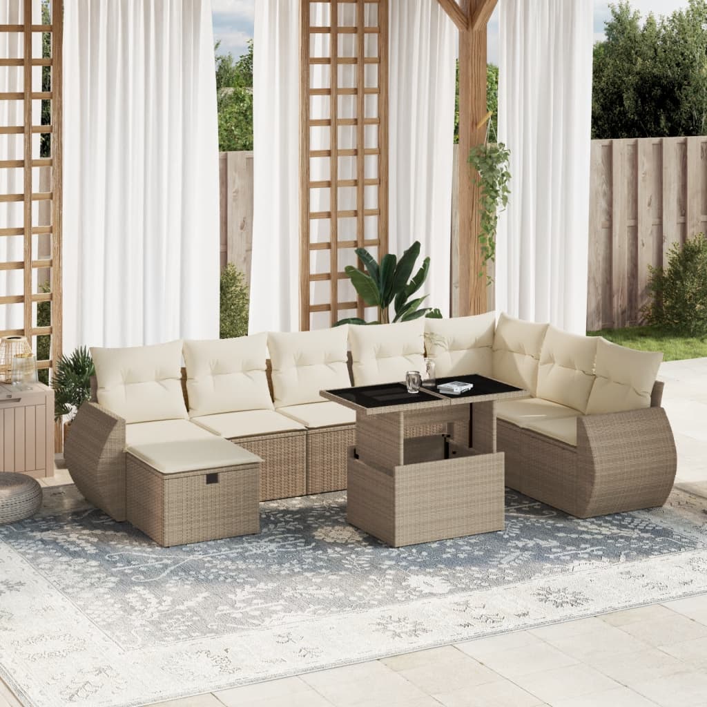 vidaXL 9-tlg. Garten-Sofagarnitur mit Kissen Beige Poly Rattan