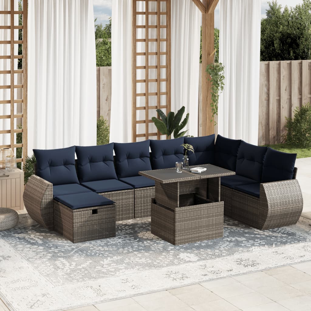9 Piece Patio Sofa Set with Cushions Gray Poly Rattan