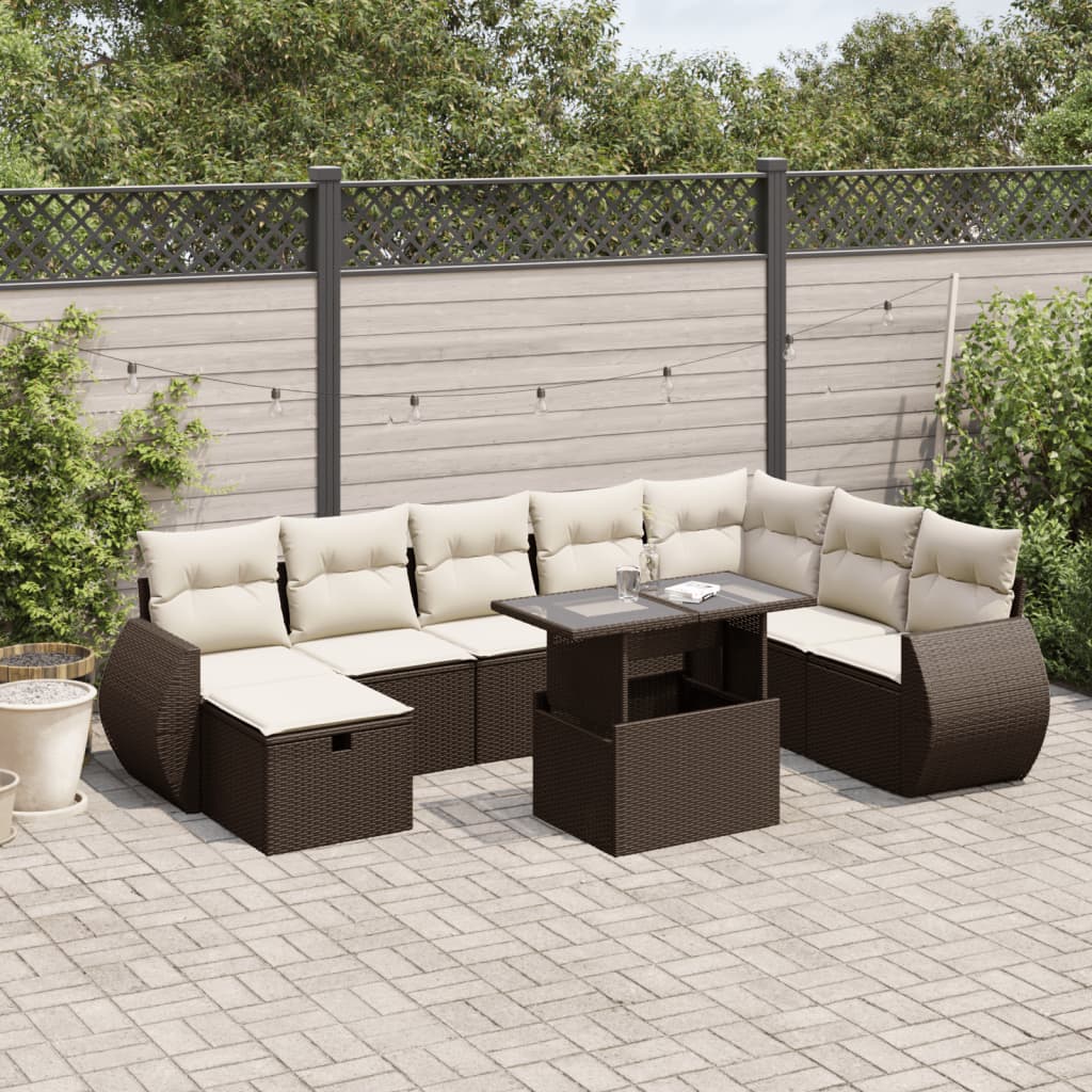 9-tlg. Garten-Sofagarnitur mit Kissen Braun Poly Rattan