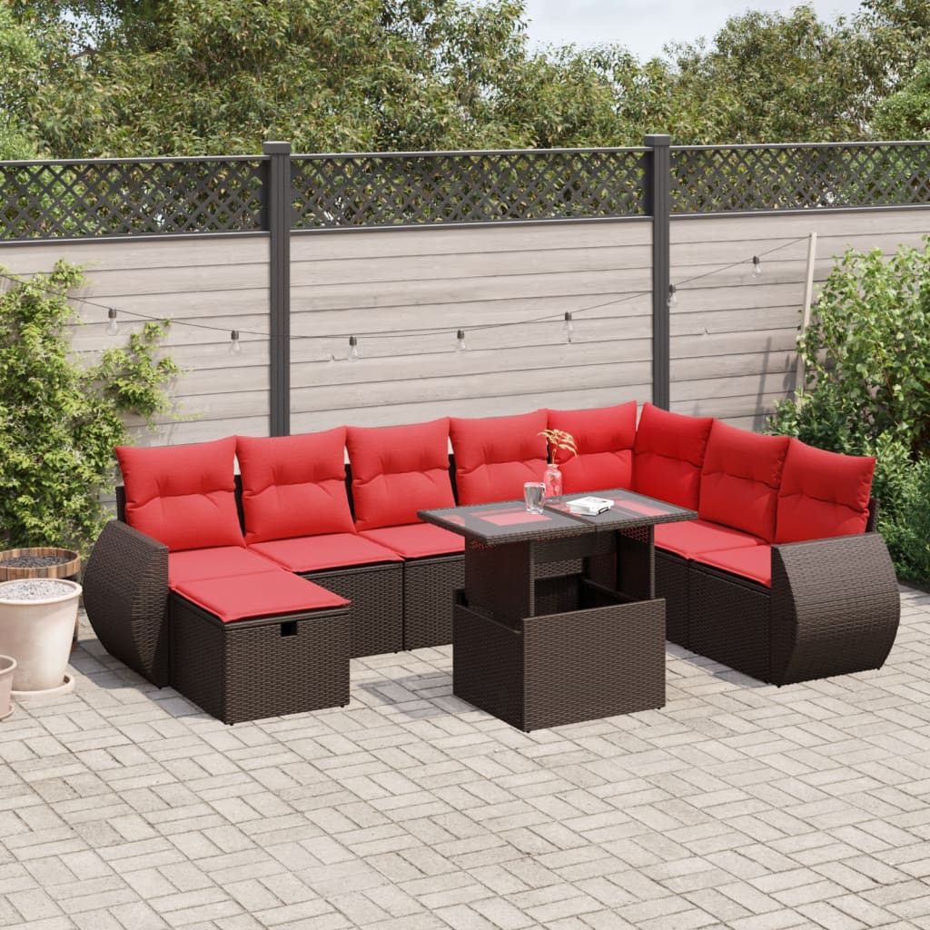 vidaXL 9-teiliges Gartensofa-Set mit Kissen, braun, Polyrattan