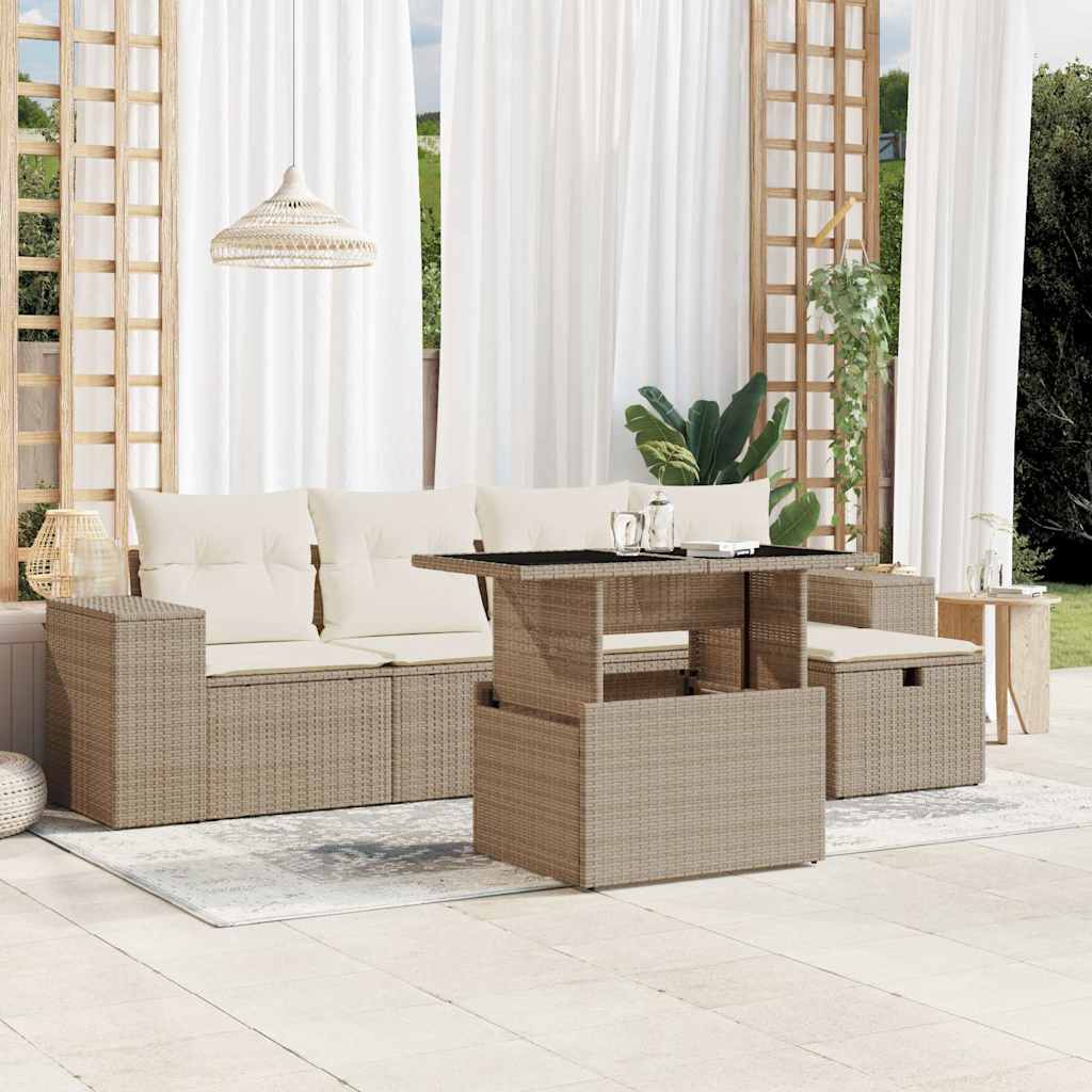 vidaXL 6-tlg. Garten-Sofagarnitur mit Kissen Beige Poly Rattan