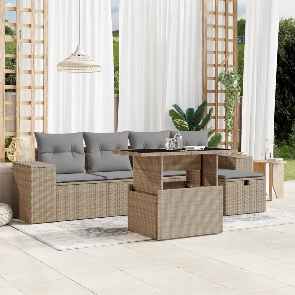 vidaXL 6-tlg. Garten-Sofagarnitur mit Kissen Beige Poly Rattan