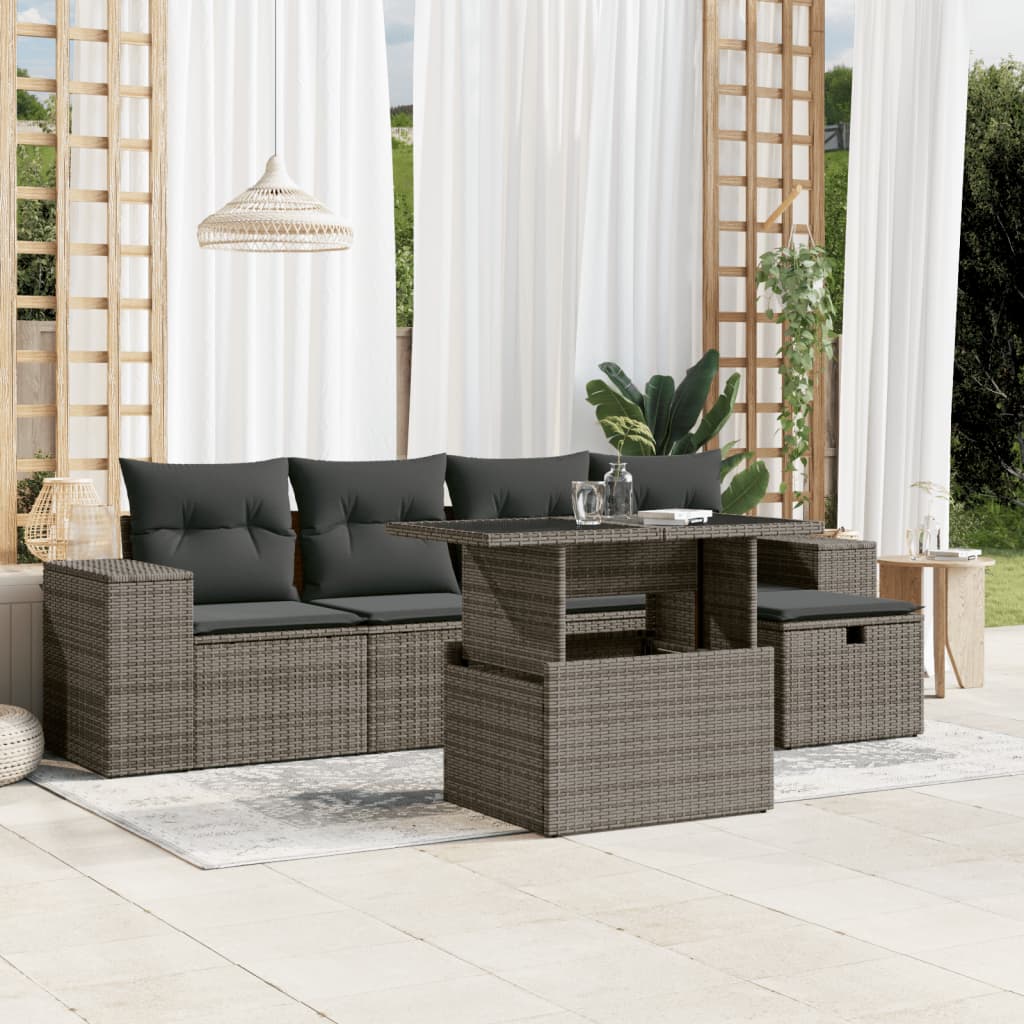 vidaXL 6-tlg. Garten-Sofagarnitur mit Kissen Grau Poly Rattan