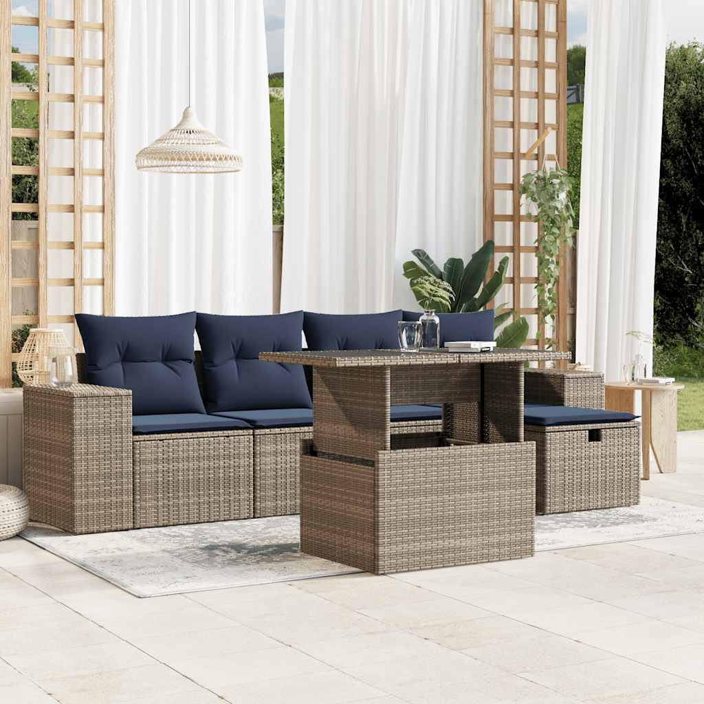 vidaXL 6-teiliges Gartensofa-Set mit Kissen, grau, Polyrattan