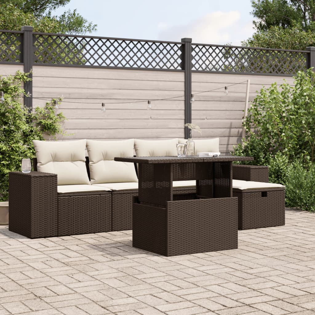 6-tlg. Garten-Sofagarnitur mit Kissen Braun Poly Rattan