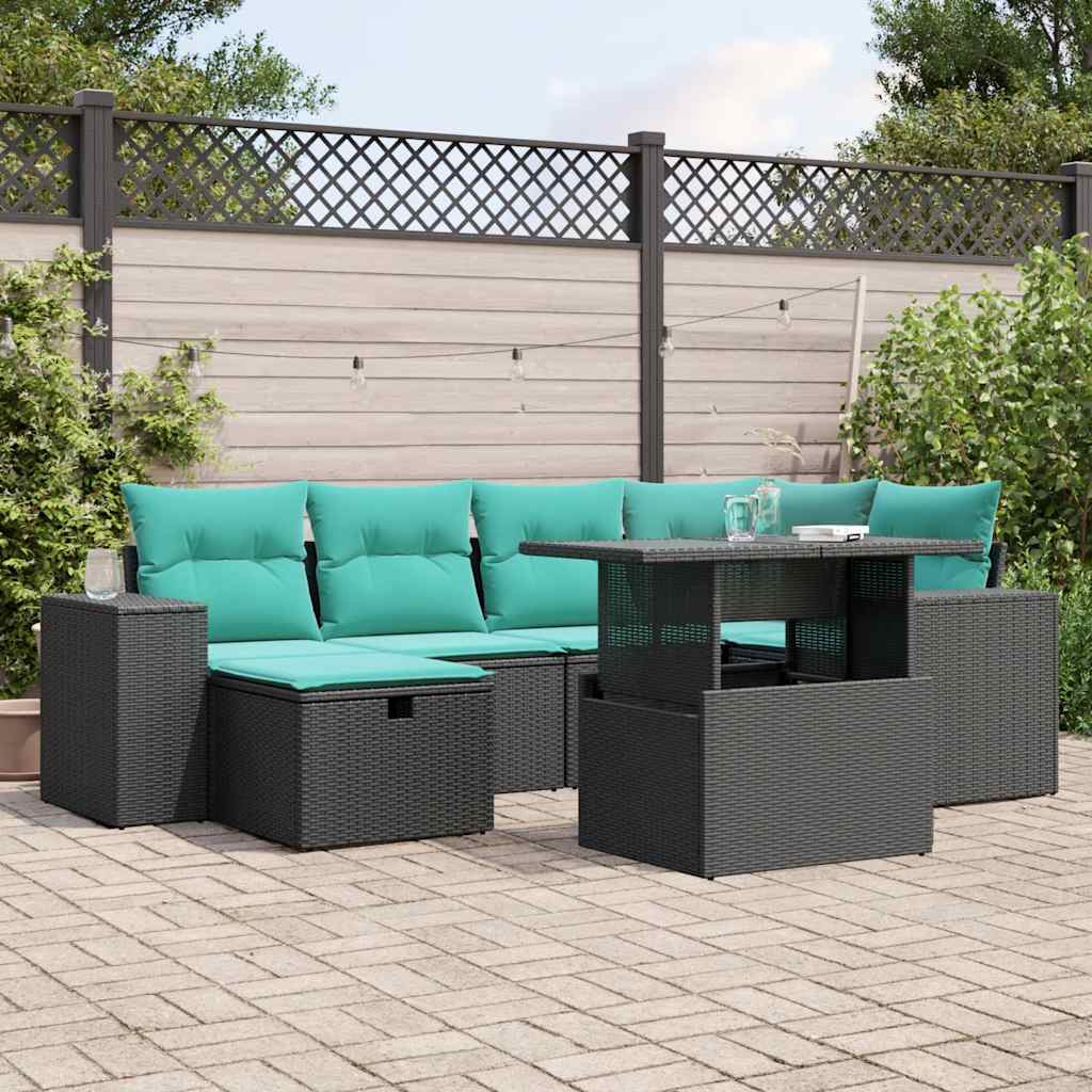7 Piece Patio Sofa Set with Cushions Black Poly Rattan