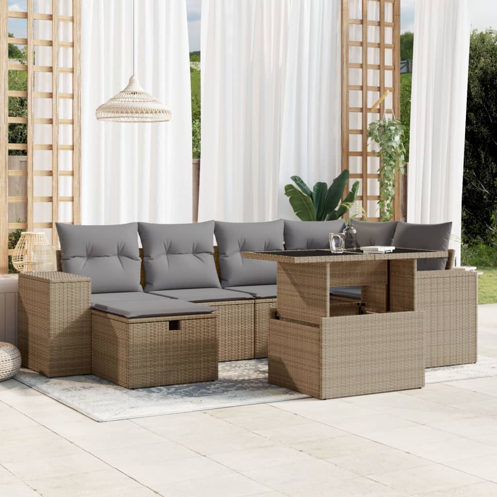 vidaXL 7-tlg. Garten-Sofagarnitur mit Kissen Beige Poly Rattan