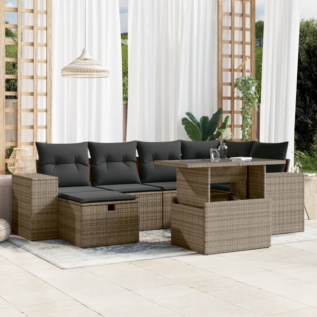 vidaXL 7-tlg. Garten-Sofagarnitur mit Kissen Grau Poly Rattan