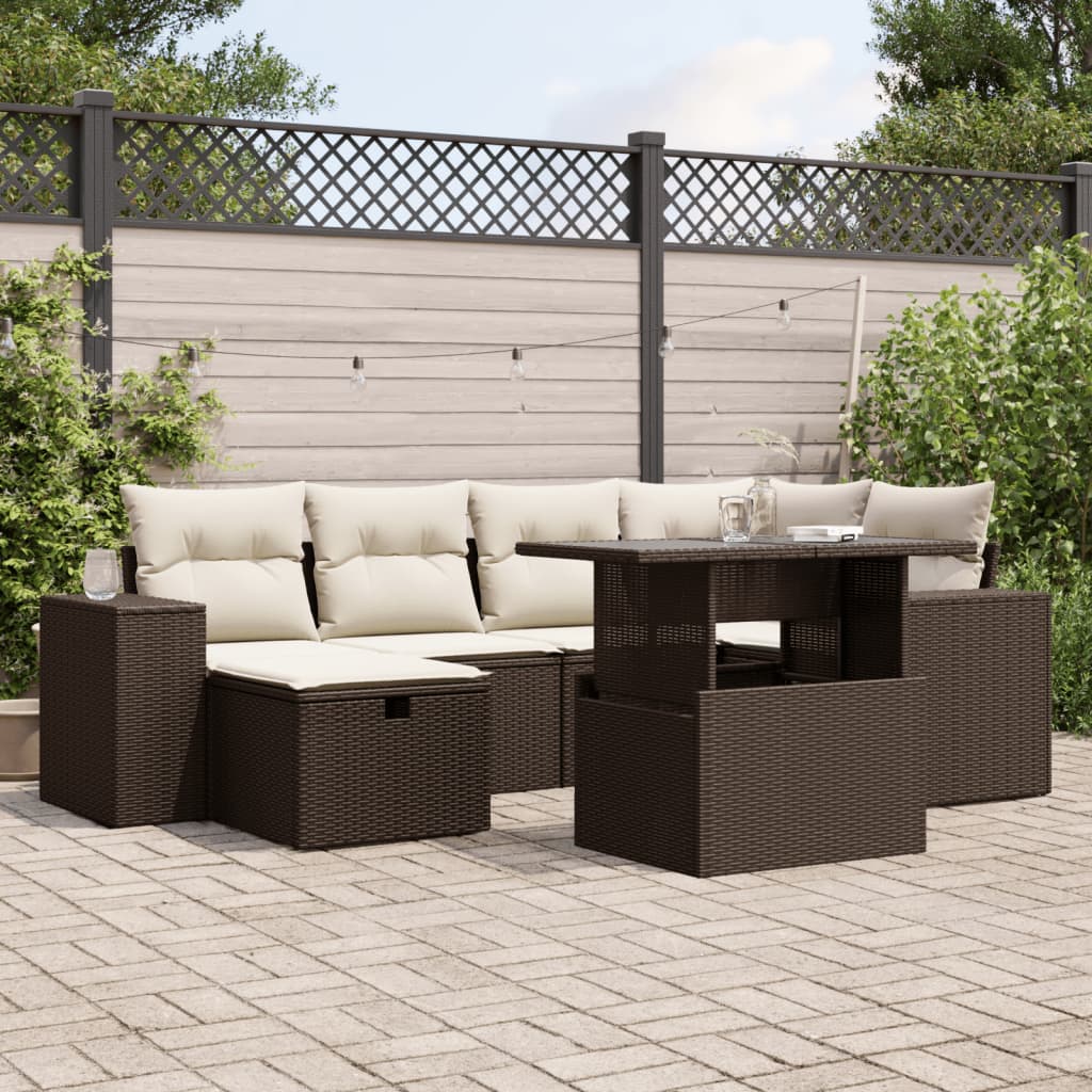 7-tlg. Garten-Sofagarnitur mit Kissen Braun Poly Rattan