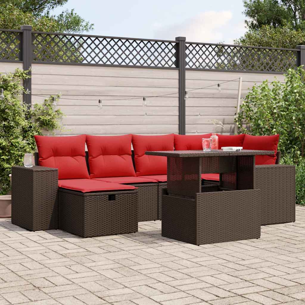 7 Piece Patio Sofa Set with Cushions Brown Poly Rattan