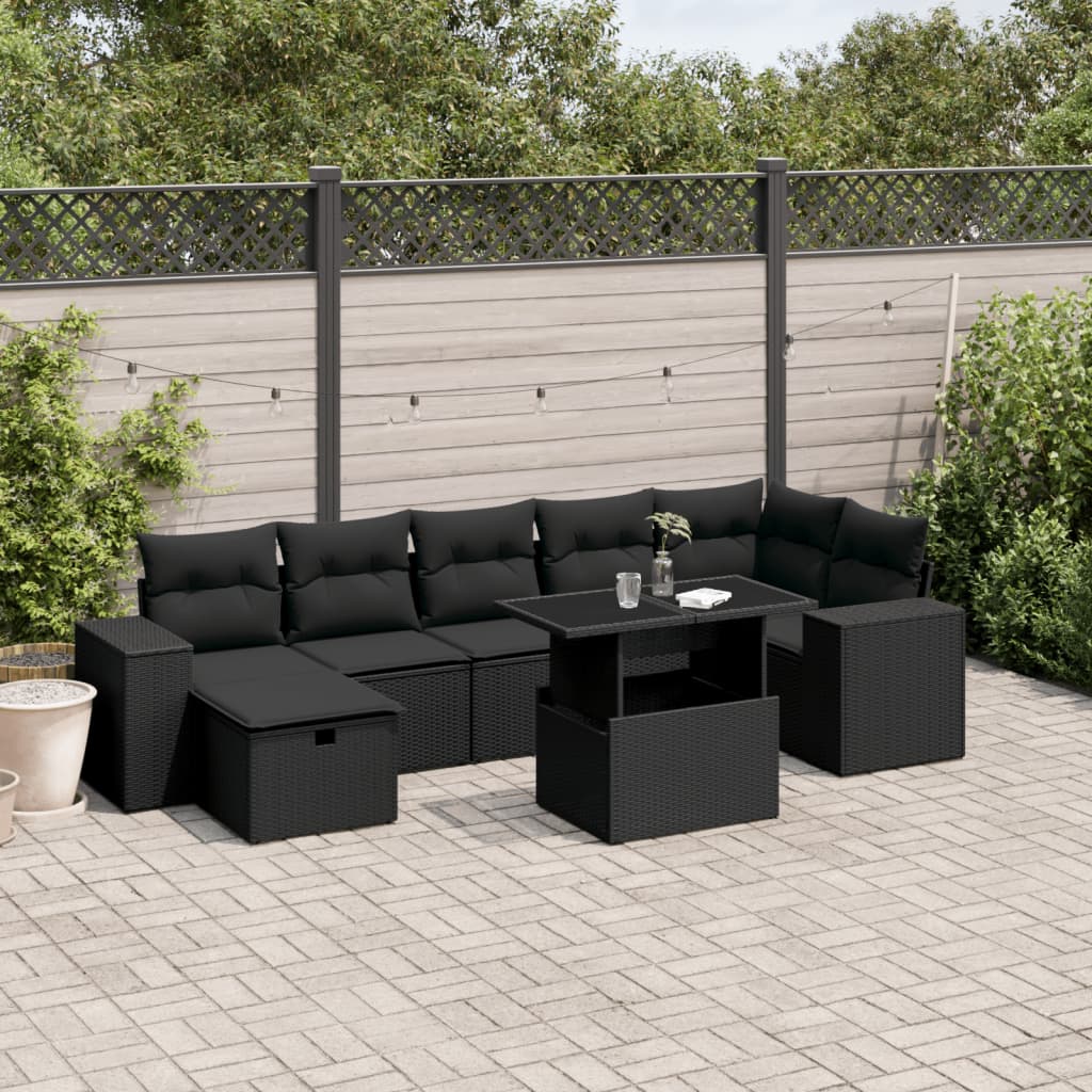 vidaXL Set mobilier de grădină cu perne, 8 piese, negru, poliratan