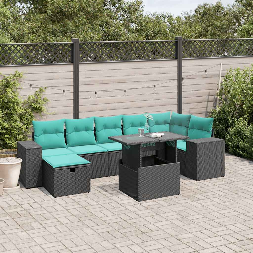 vidaXL 8-teiliges Gartensofa-Set mit Kissen, schwarzes Polyrattan