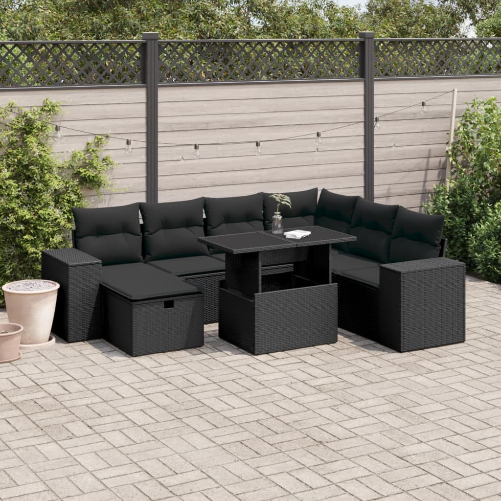 vidaXL Set mobilier de grădină cu perne, 8 piese, negru, poliratan