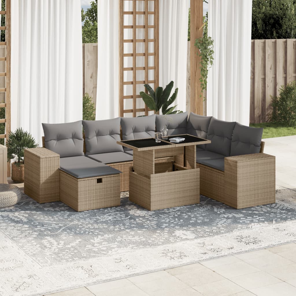 8-tlg. Garten-Sofagarnitur mit Kissen Beige Poly Rattan