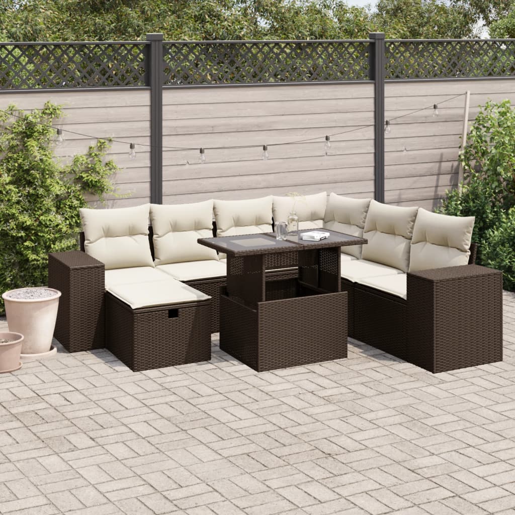 8-tlg. Garten-Sofagarnitur mit Kissen Braun Poly Rattan