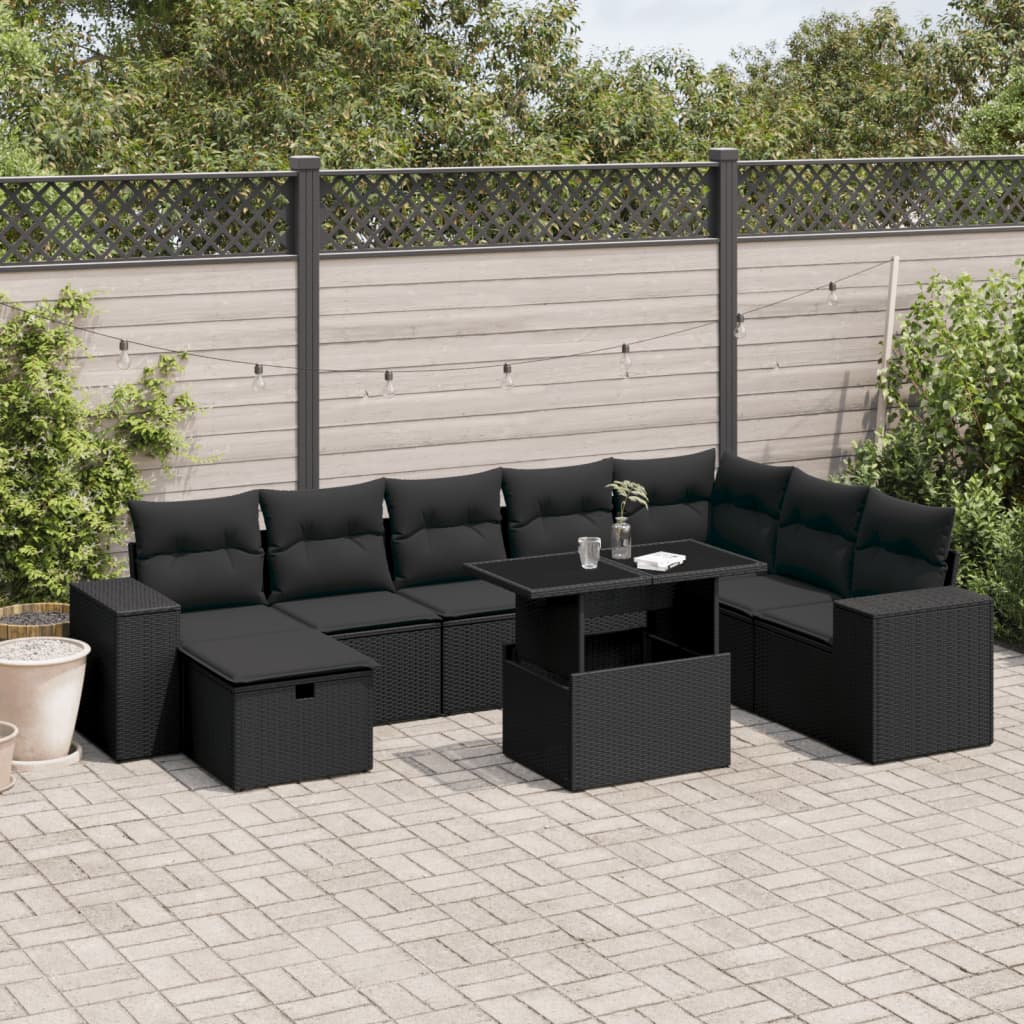 vidaXL Set mobilier de grădină cu perne, 9 piese, negru, poliratan