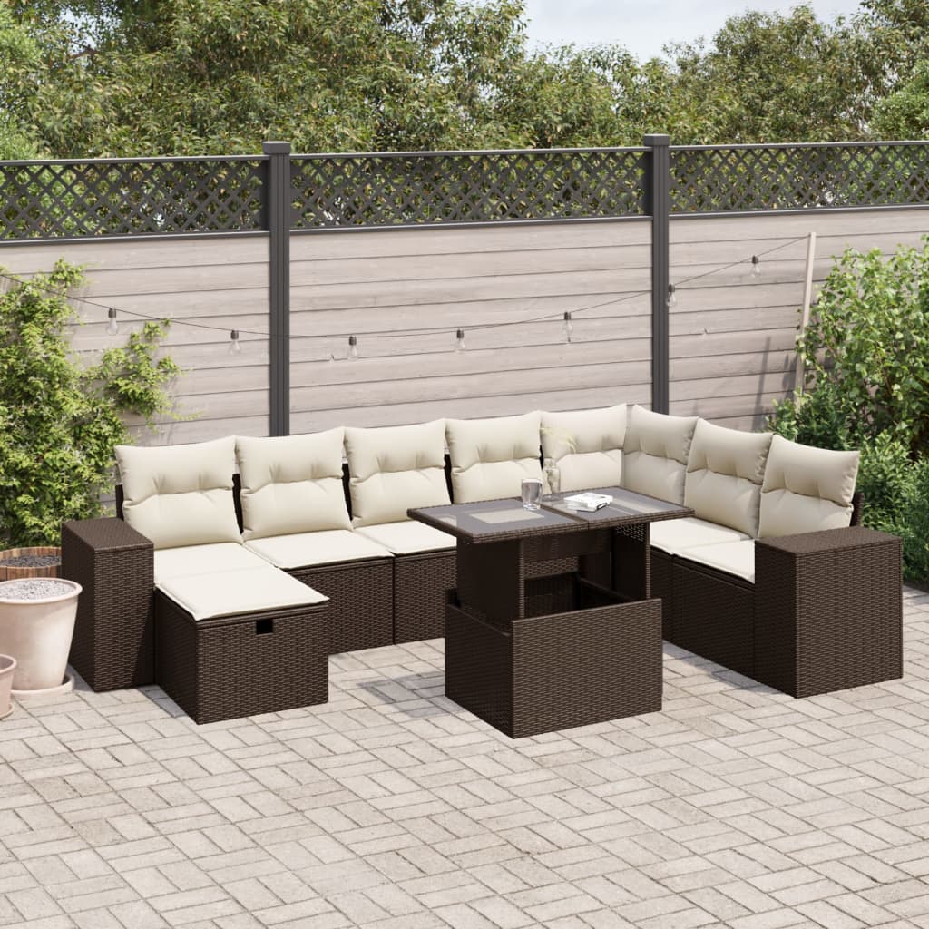 9-tlg. Garten-Sofagarnitur mit Kissen Braun Poly Rattan