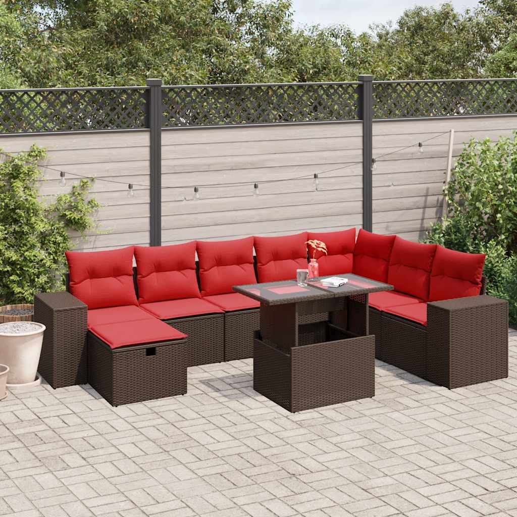 vidaXL 9-teiliges Gartensofa-Set mit Kissen, braun, Polyrattan