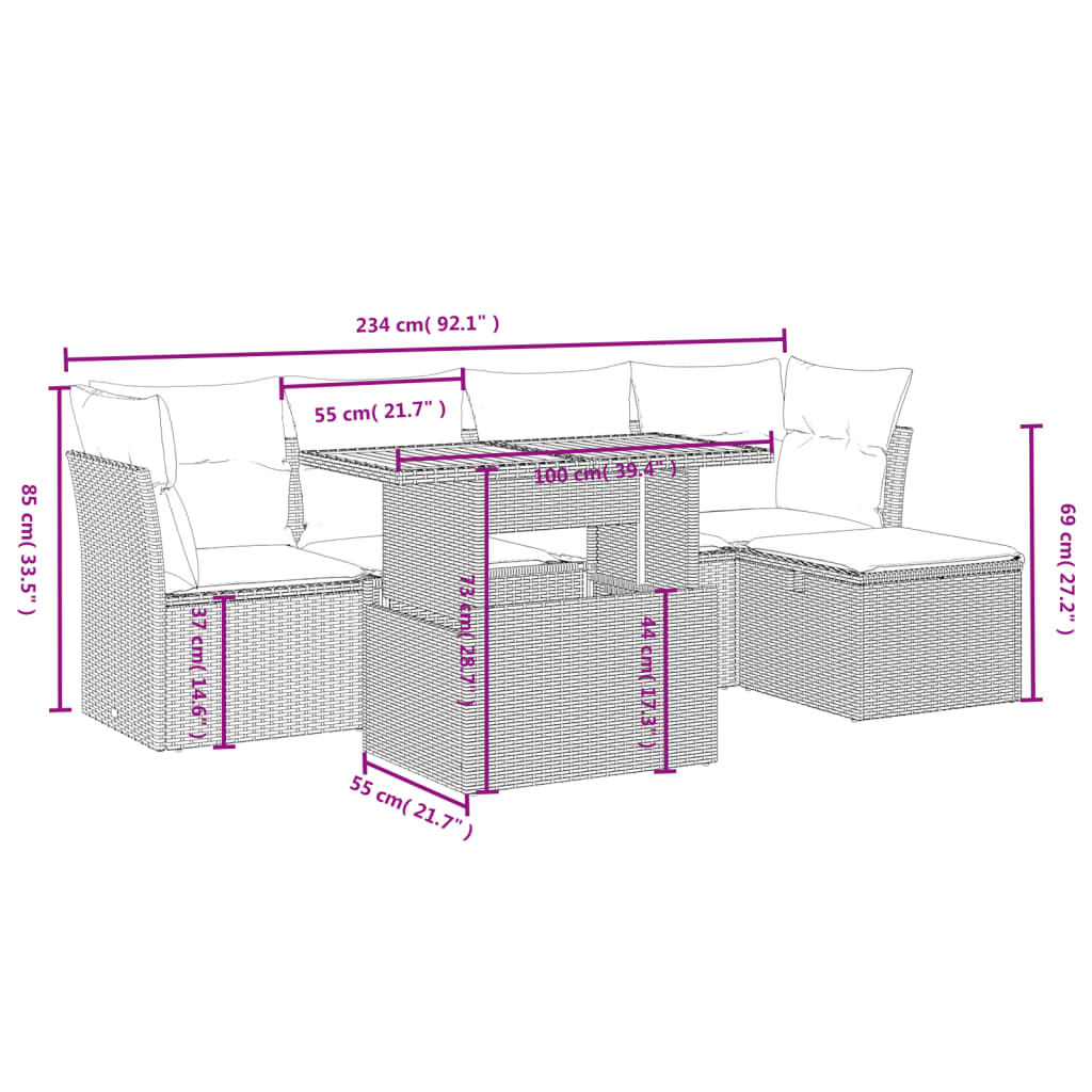Set mobilier de grădină cu perne, 6 piese, negru, poliratan 3275464 - imagine 4