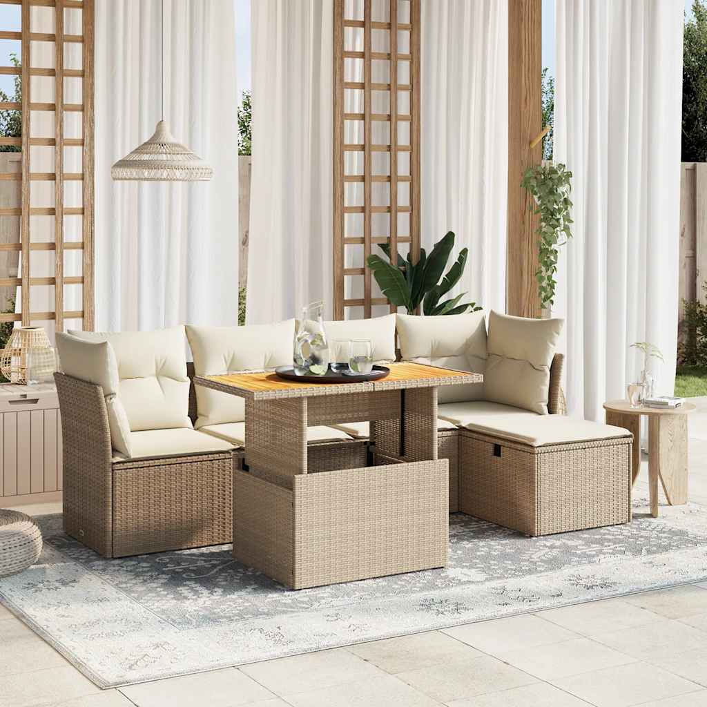 vidaXL 6-tlg. Garten-Sofagarnitur mit Kissen Beige Poly Rattan