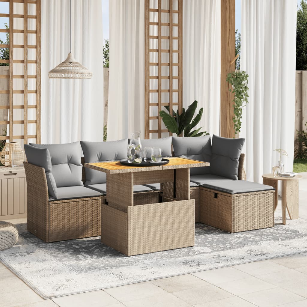 vidaXL 6-tlg. Garten-Sofagarnitur mit Kissen Beige Poly Rattan