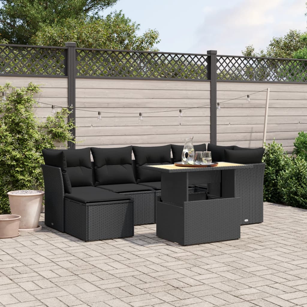 vidaXL 7-tlg. Garten-Sofagarnitur mit Kissen Schwarz Poly Rattan