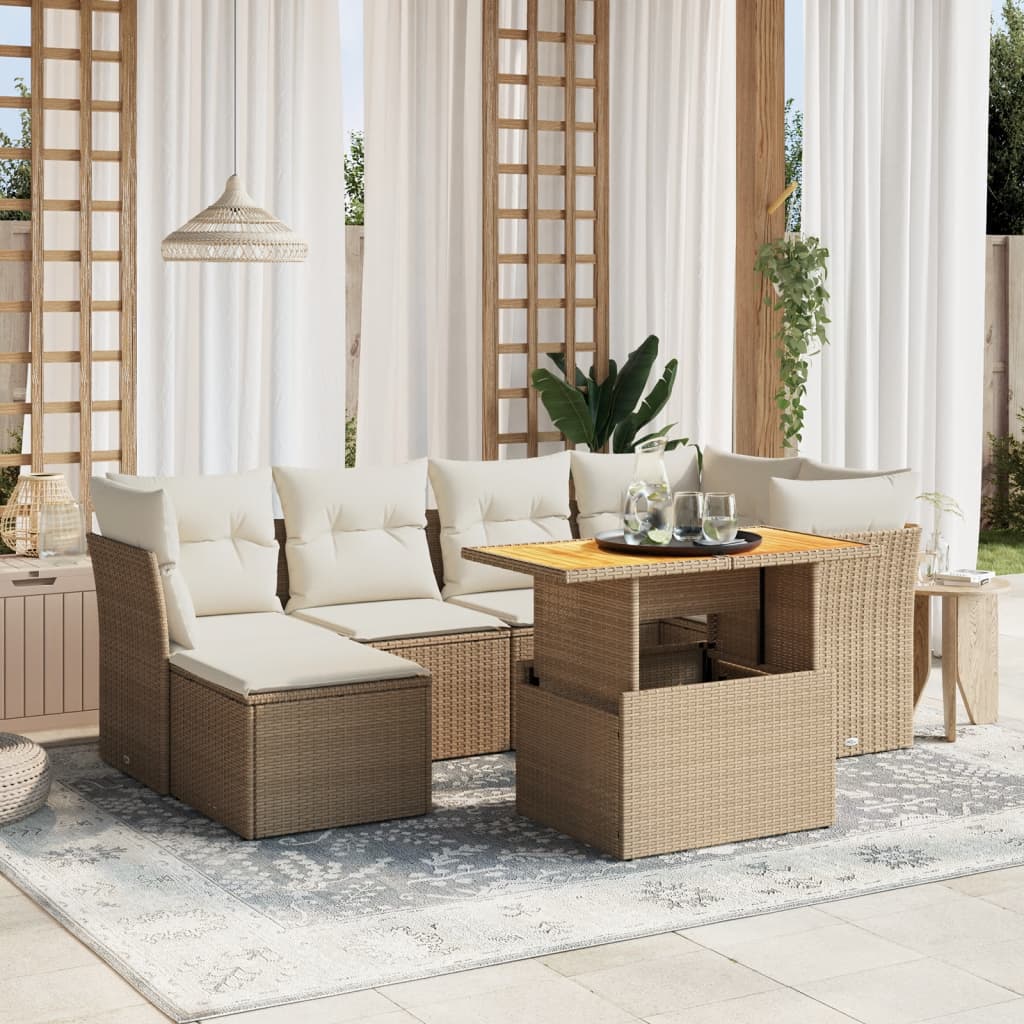 vidaXL 7-tlg. Garten-Sofagarnitur mit Kissen Beige Poly Rattan