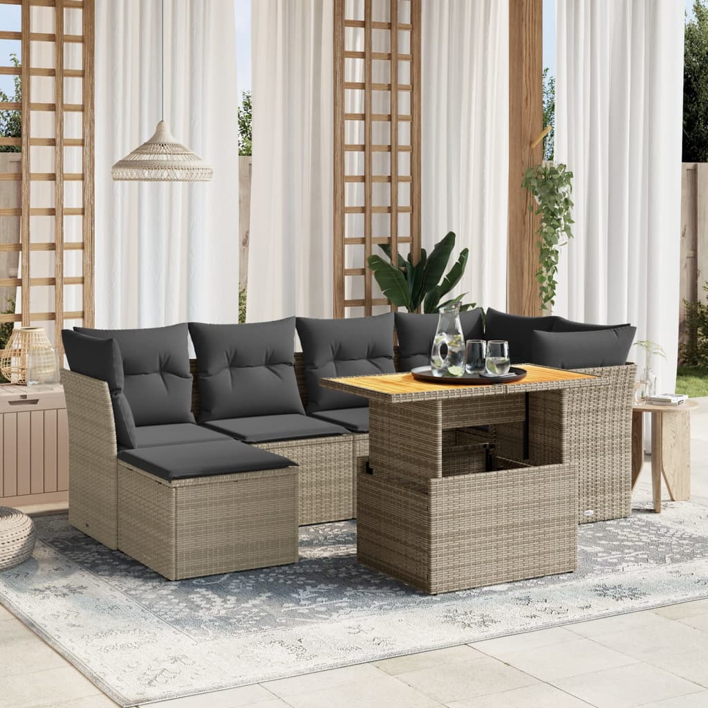 vidaXL 7-tlg. Garten-Sofagarnitur mit Kissen Grau Poly Rattan