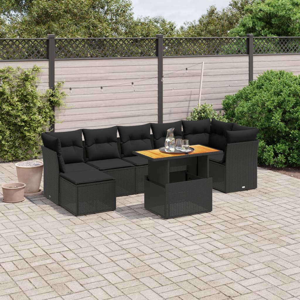 8-tlg. Garten-Sofagarnitur mit Kissen Schwarz Poly Rattan