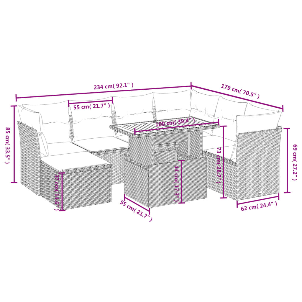 Set mobilier de grădină cu perne, 8 piese, negru, poliratan 3275492 - imagine 4