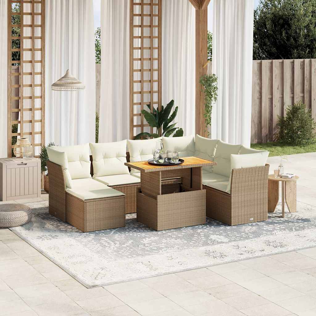 vidaXL 8-tlg. Garten-Sofagarnitur mit Kissen Beige Poly Rattan