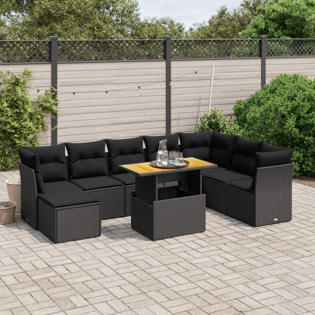 vidaXL Set mobilier de grădină cu perne, 9 piese, negru, poliratan