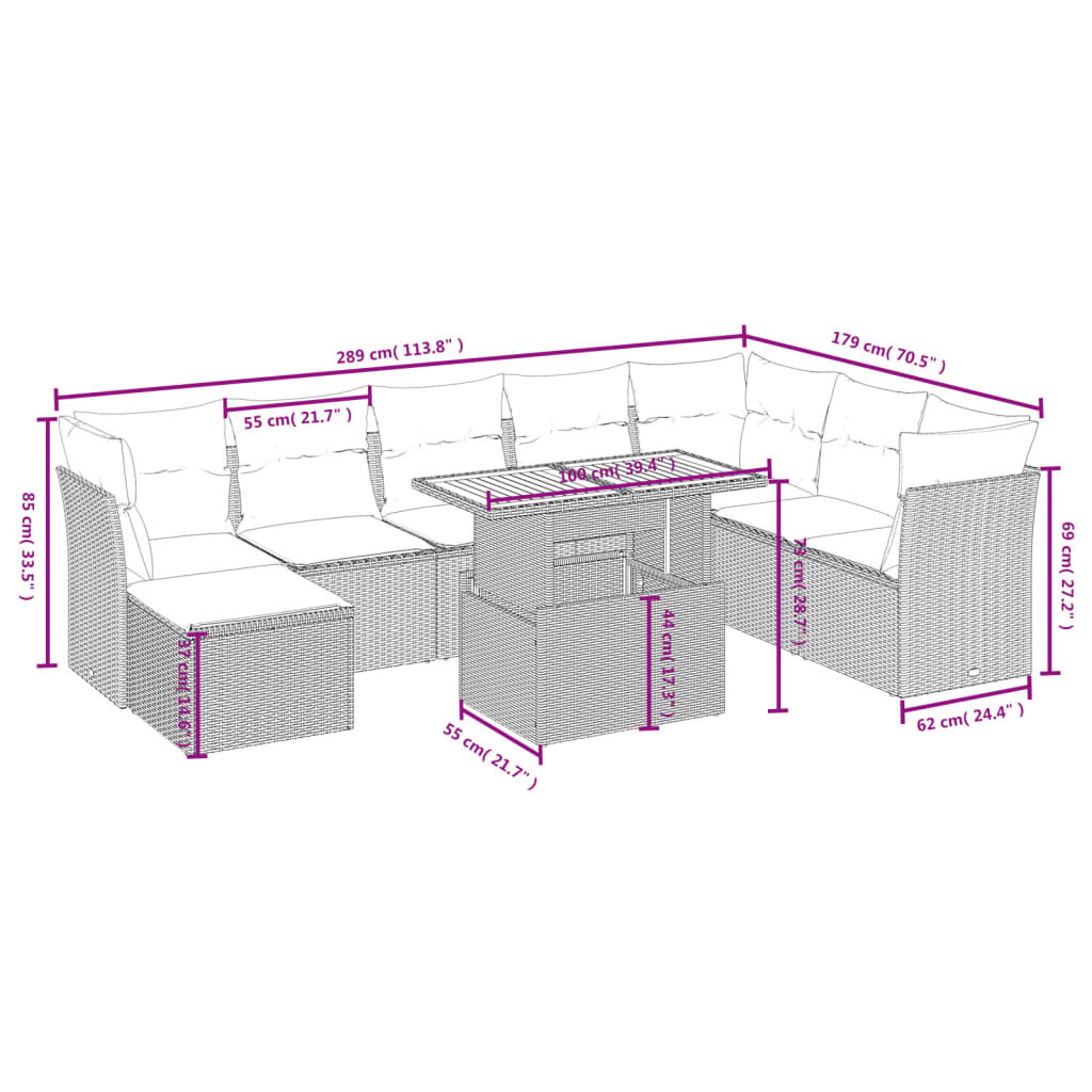 Set mobilier de grădină cu perne, 9 piese, negru, poliratan 3275513 - imagine 4