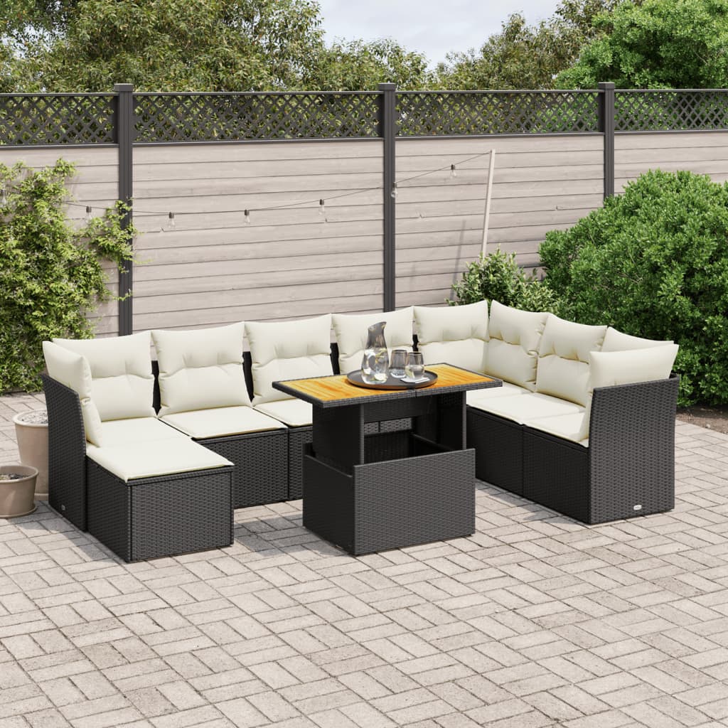 vidaXL 9-tlg. Garten-Sofagarnitur mit Kissen Schwarz Poly Rattan