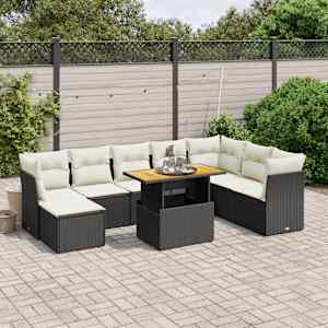 Vrtna sedežna garnitura 9-delna z blazinami črn poli ratan