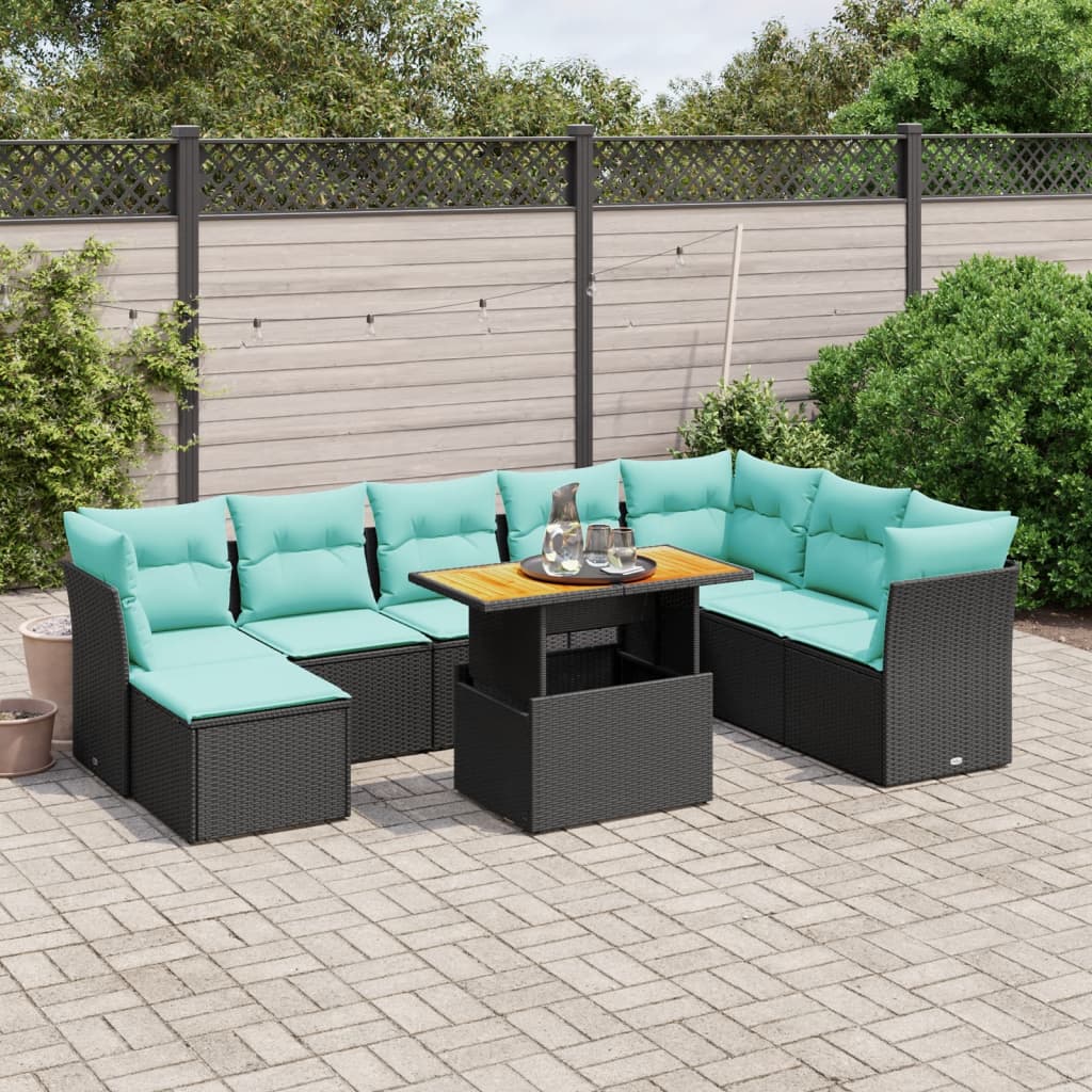 vidaXL Set canapele de grădină cu perne, 9 piese, negru, poliratan