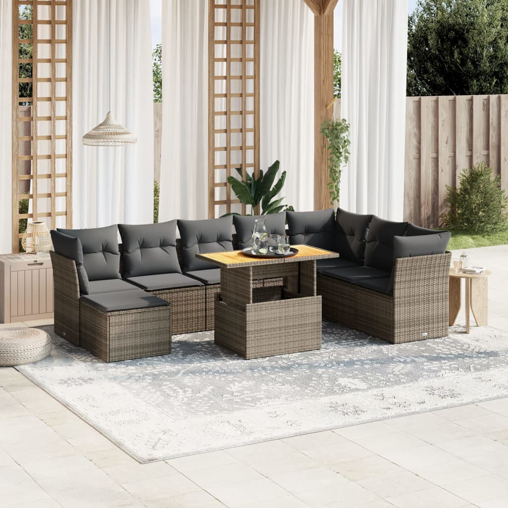 vidaXL 9-tlg. Garten-Sofagarnitur mit Kissen Grau Poly Rattan