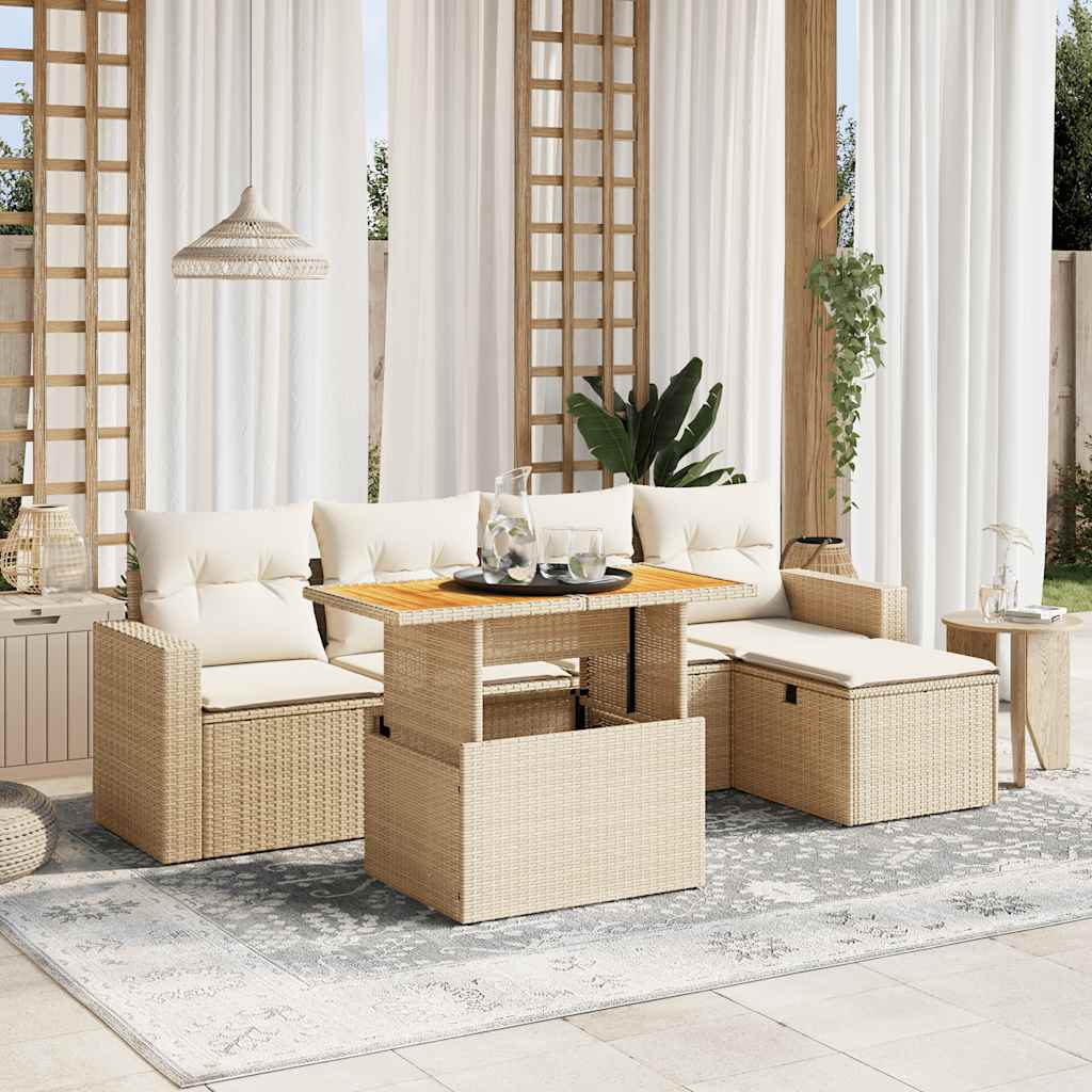 vidaXL 6-tlg. Garten-Sofagarnitur mit Kissen Beige Poly Rattan