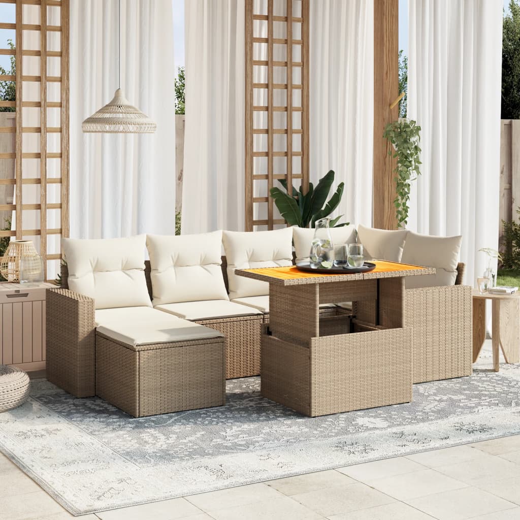 vidaXL 7-tlg. Garten-Sofagarnitur mit Kissen Beige Poly Rattan