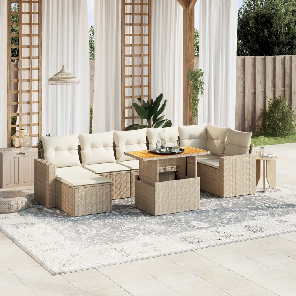 vidaXL 8-tlg. Garten-Sofagarnitur mit Kissen Beige Poly Rattan