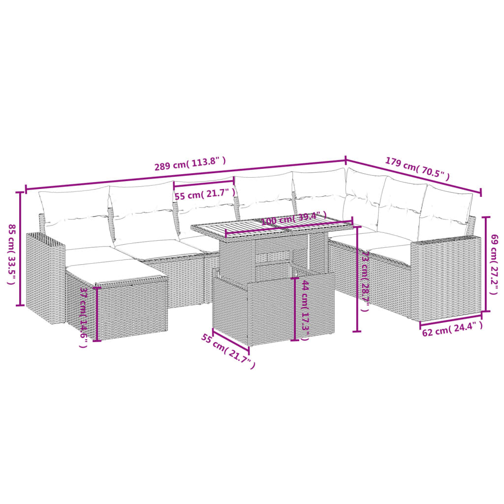 Set mobilier de grădină cu perne, 9 piese, negru, poliratan 3275625 - imagine 4