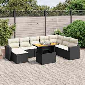 Vrtna sedežna garnitura 9-delna z blazinami črn poli ratan