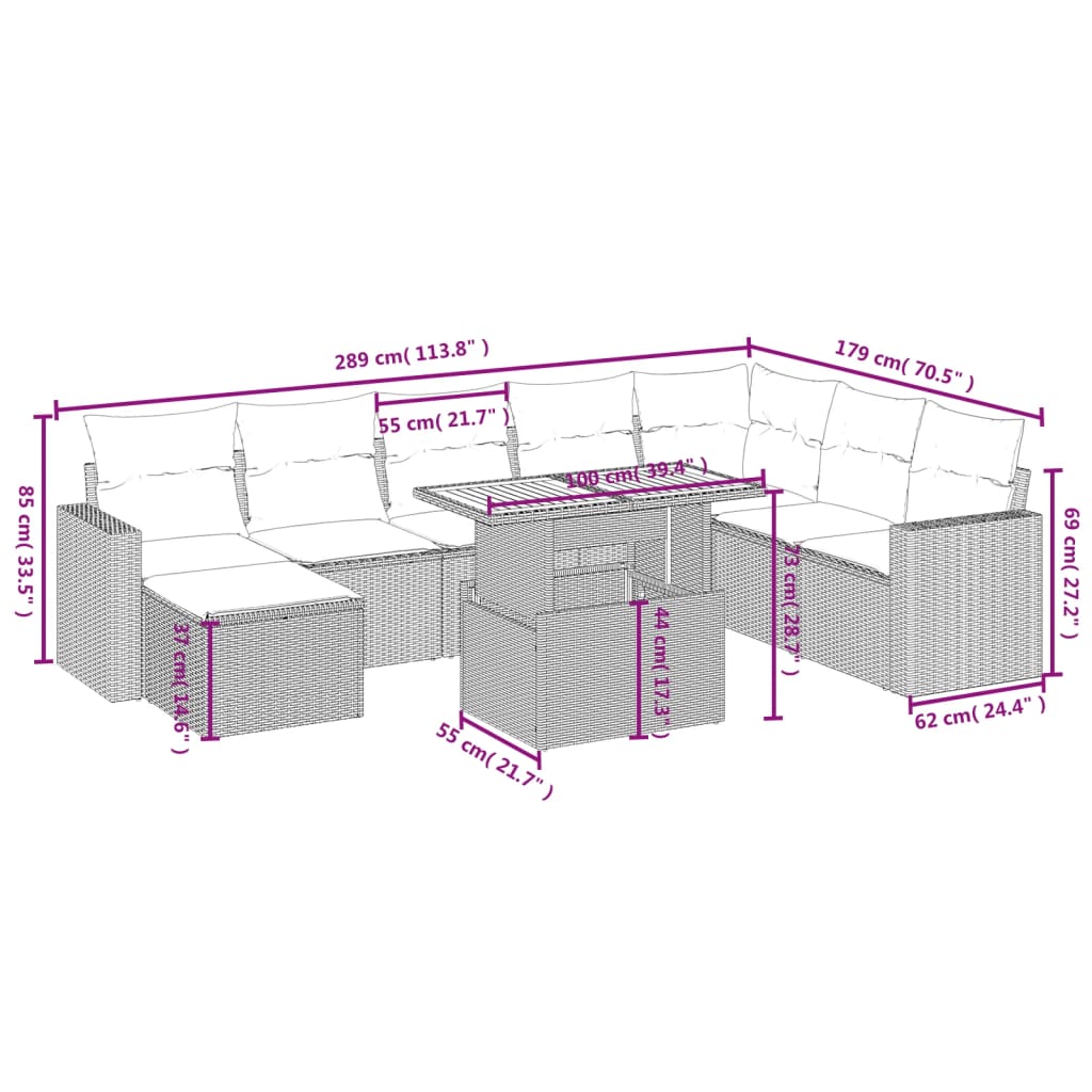 Set canapele de grădină, 9 piese, cu perne, bej, poliratan 3275627 - imagine 4