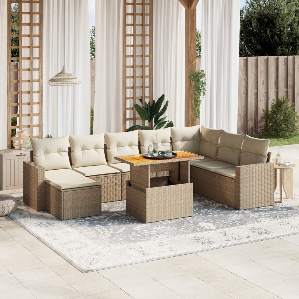 vidaXL 9-tlg. Garten-Sofagarnitur mit Kissen Beige Poly Rattan