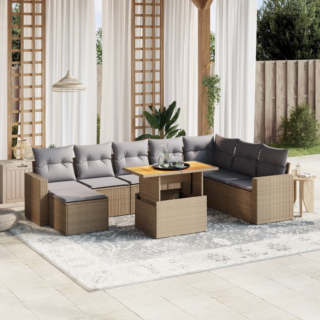 vidaXL 9-tlg. Garten-Sofagarnitur mit Kissen Beige Poly Rattan